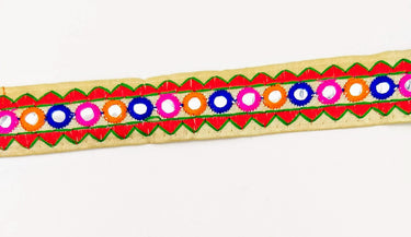 Beige And Red Indian Mirror Trim Kutch Embroidered Navratri Garba Dress Trim Bridal Lace, Sari Border 30 mm Wide Trim Per 3 Yards